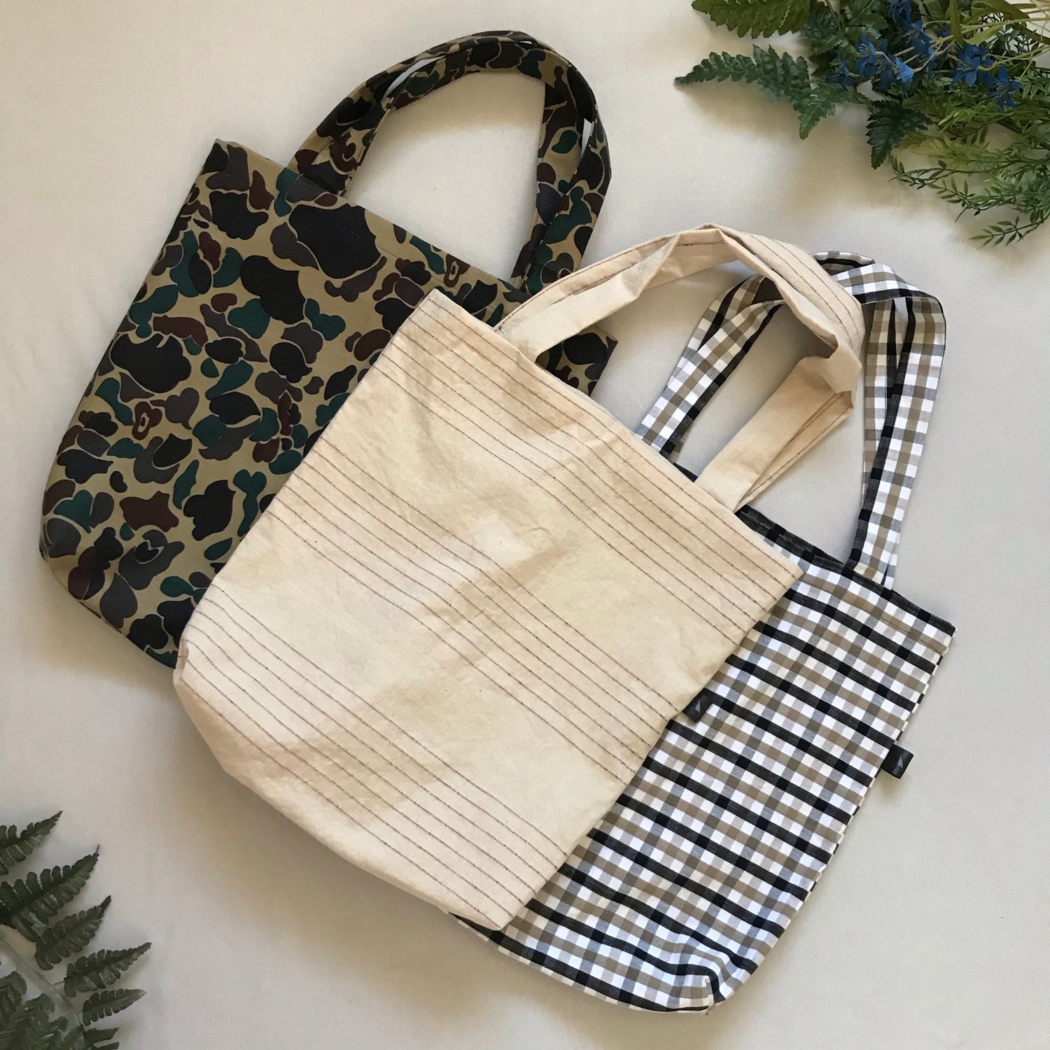 camo tote bag gingham tote bag and canvas tote with red stripes