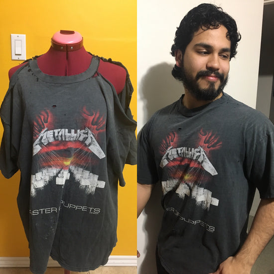 comparison photo of ripped shirt beside repaired shirt
