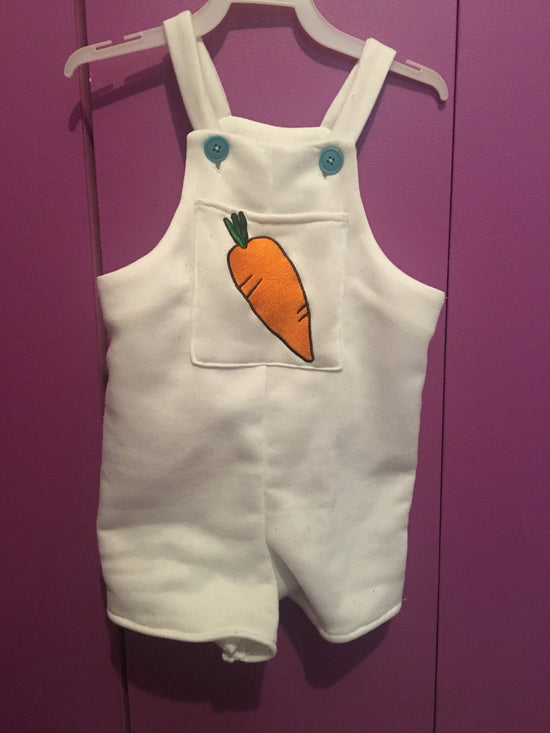 upcycled white carrot sweater turned into childs overalls